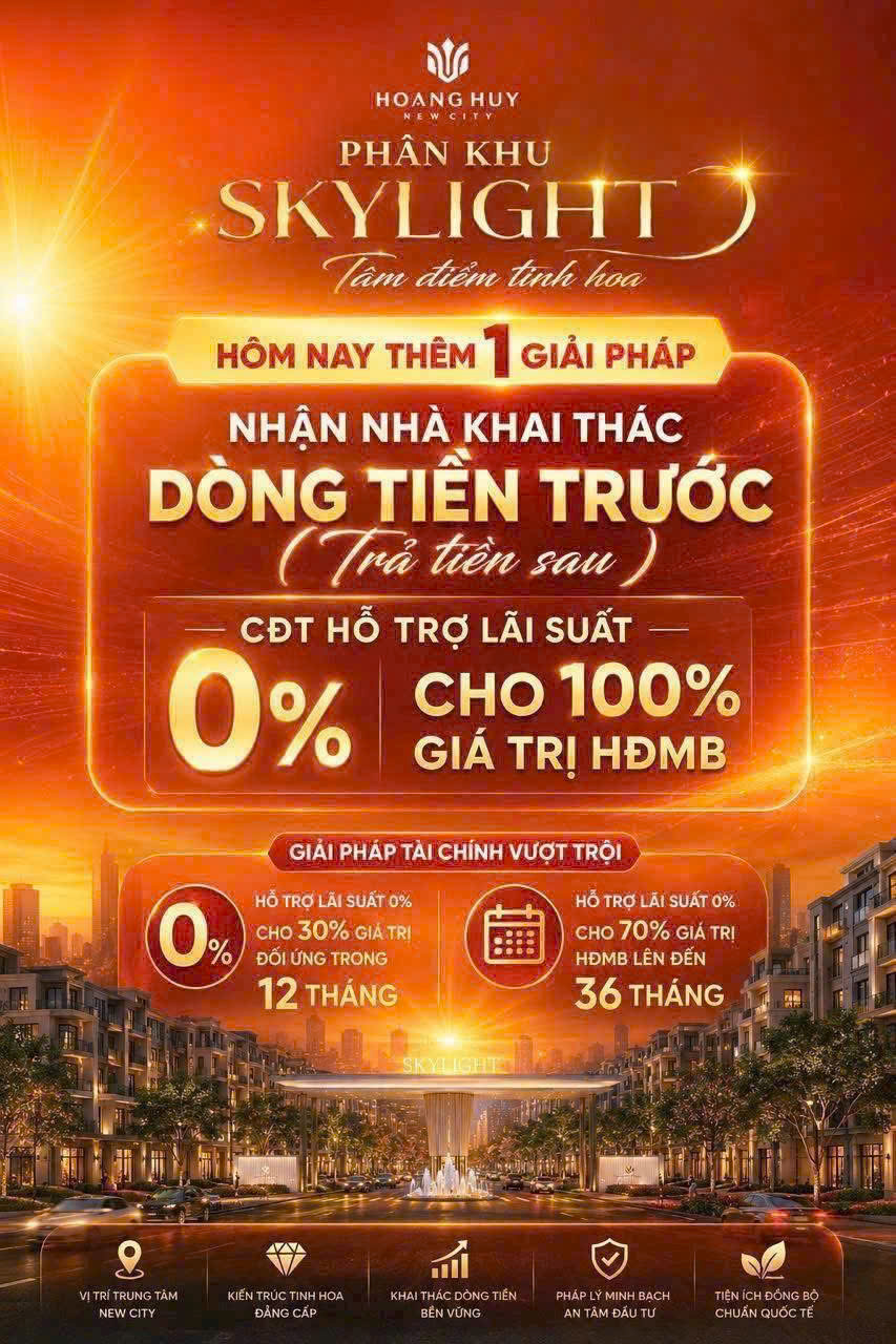 Hoàng Huy New City Banner - DÒNG TIỀN TRƯỚC (Trả tiền sau) - chính sách hỗ trợ lãi suất 0% cho 100% giá trị HĐMB (gồm 30% đối ứng trong 12 tháng và 70% còn lại lên đến 36 tháng)