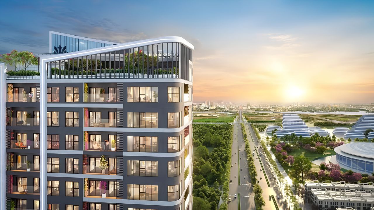 Phối cảnh góc rộng của dự án Hoàng Huy New City với các tòa chung cư cao tầng hiện đại, bao quanh là các dãy shophouse thấp tầng, đường nội khu rải nhựa rộng rãi và khuôn viên cây xanh mướt.
