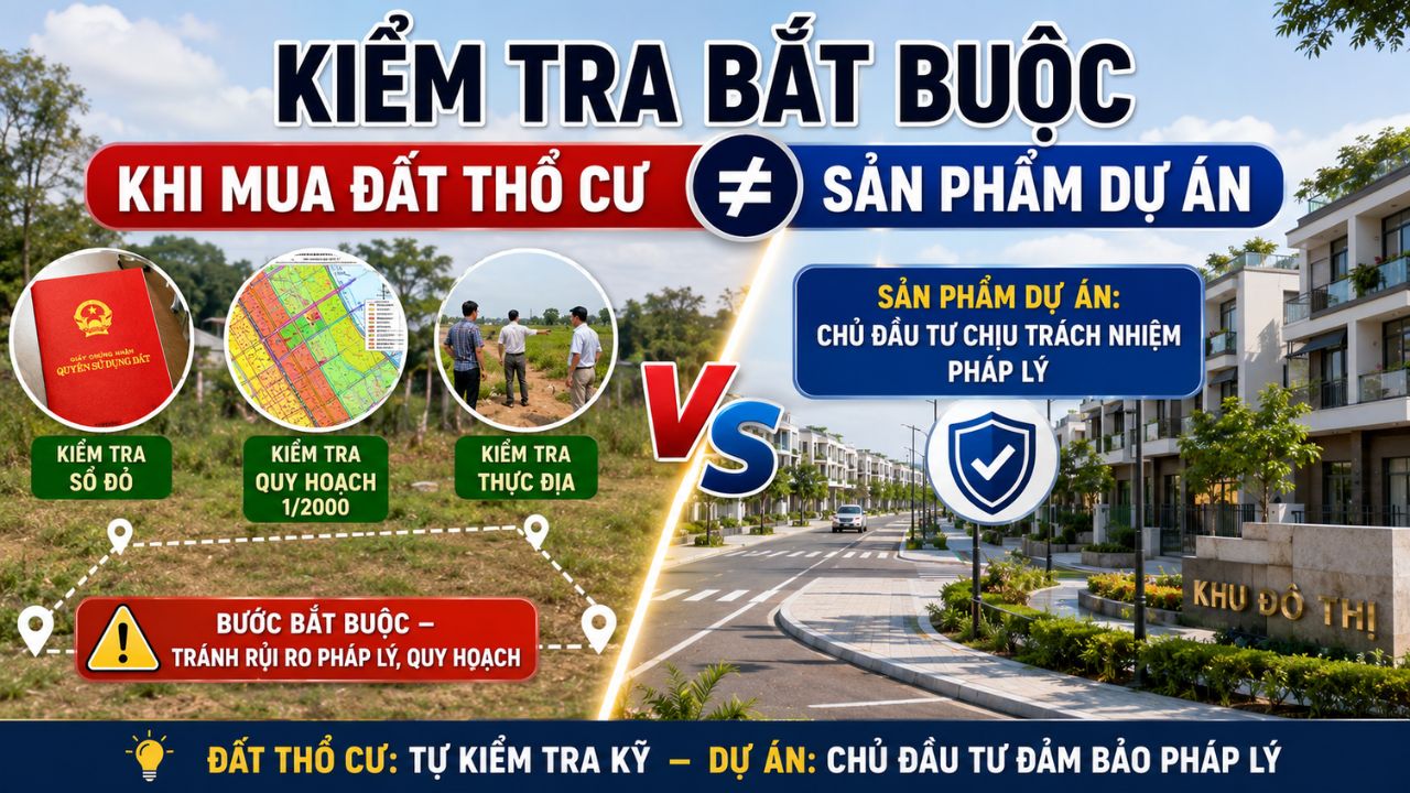 Kiểm tra sổ đỏ, quy hoạch 1/2000 và thực địa là bước bắt buộc khi mua đất thổ cư — khác với sản phẩm dự án khi chủ đầu tư chịu trách nhiệm pháp lý. Ảnh minh họa
