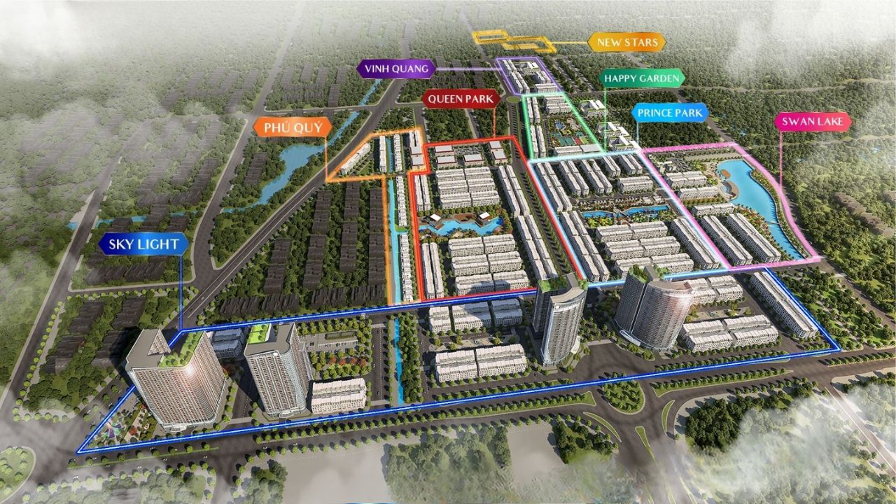 Toàn cảnh tiến độ thực tế phân khu Queen Park và Prince Park tại Hoàng Huy New City với các dãy liền kề, shophouse 5 tầng hiện đại, vỉa hè lát đá tự nhiên và hàng cây xanh bóng mát đã hoàn thiện.